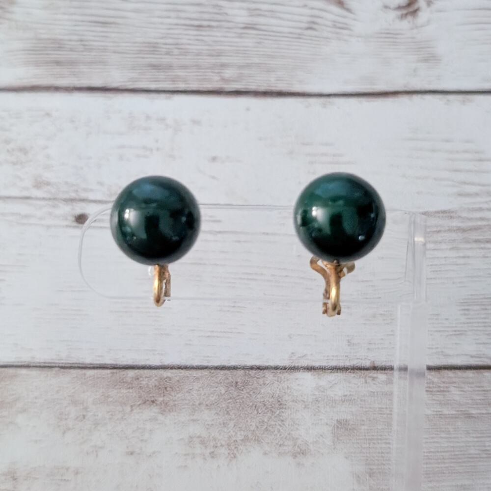 Vintage Clip On Earrings 3D Retro Dark Green Ball
